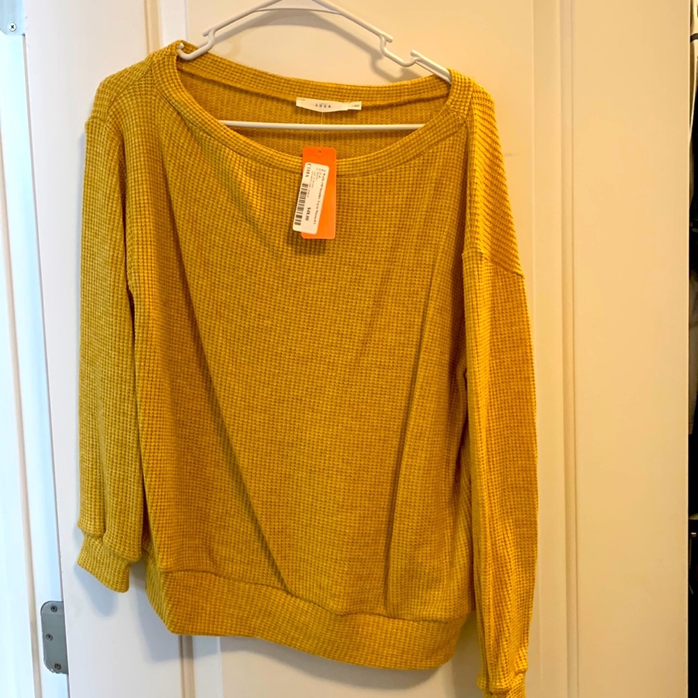 Lush waffle off the shoulder top in mustard